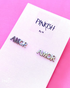 Silver AMOR LOVE Stud Earrings