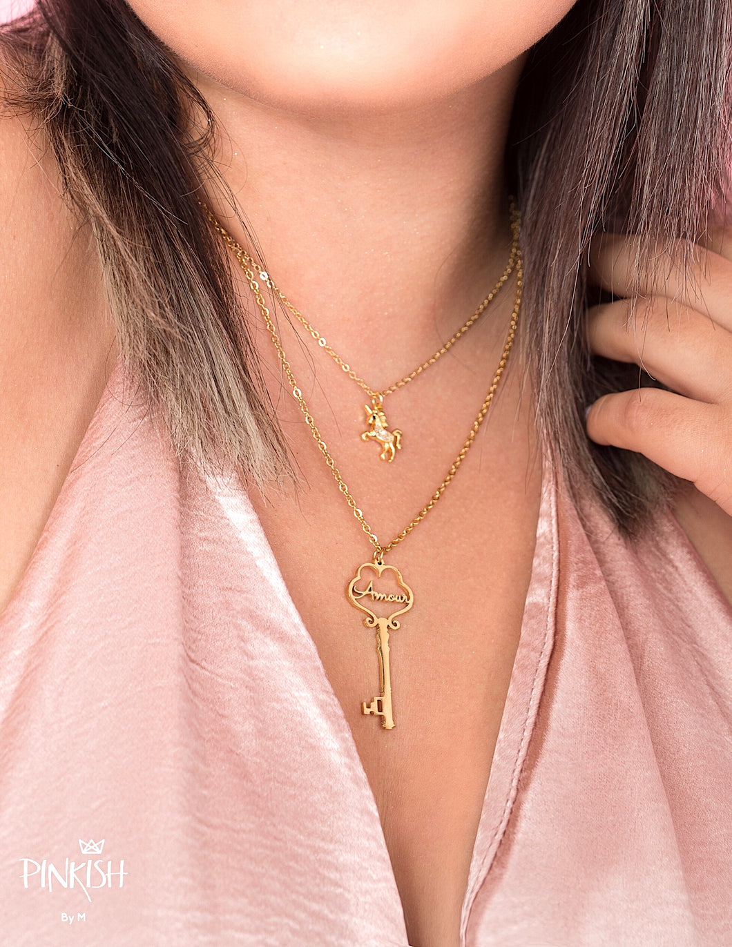 Stainless Steel French Love Amour Key Necklace Gold