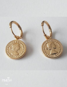 Golden Coin Huggies Earrings Little Hoops Stainless Steel