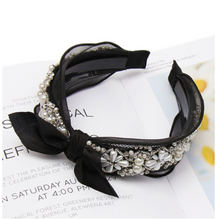 Load image into Gallery viewer, Black and white Lace Pearls Diamonds Bow Elegant Classy Headband Princess Crown