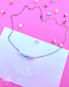 Custom Cubes Letter Word Heart Chain Necklace Charcoal Silver