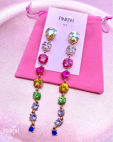 Rainbow Long Linear Drops of Color Gems Pendant Earrings