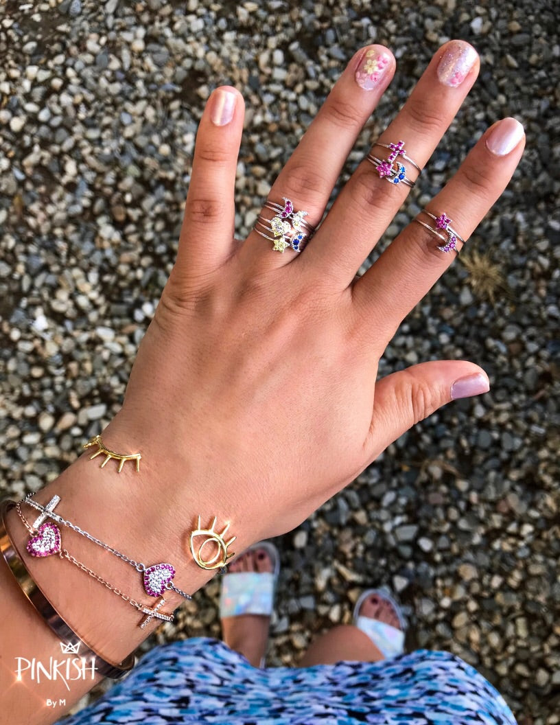 Sterling Silver Stackable fun colorful cross, heart, moon pave diamond rings