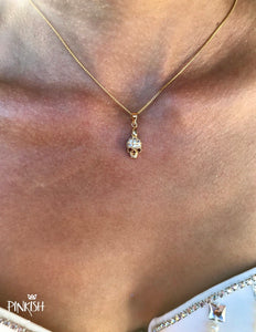 alt="Gold Diamonds Pave Dainty Skull Pendant Necklace Dia de Muertos"