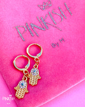 Load image into Gallery viewer, Hamsa Hand Blue Eye Diamond Evil Eye Huggie Earrings
